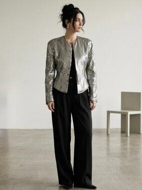 Vintage 80s Mariola Silver Metallic Sequin Jacket | Size 10 Glamour